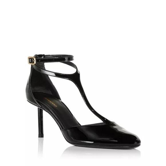 1090$ Ferragamo Leather T-Bar Stiletto Pumps Heel Shoes Size 9 US / EU 40 Black
